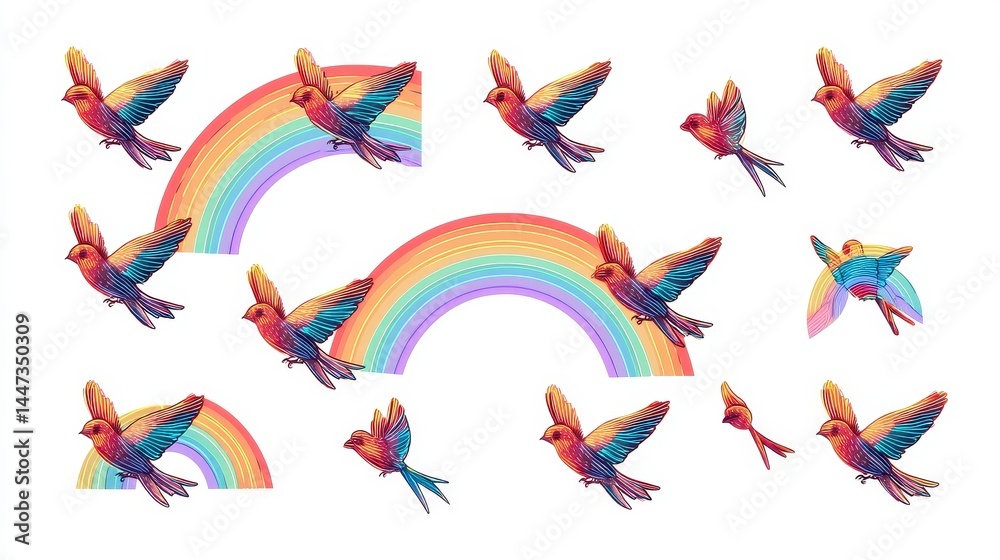 Fototapeta premium Colorful Birds with Rainbows