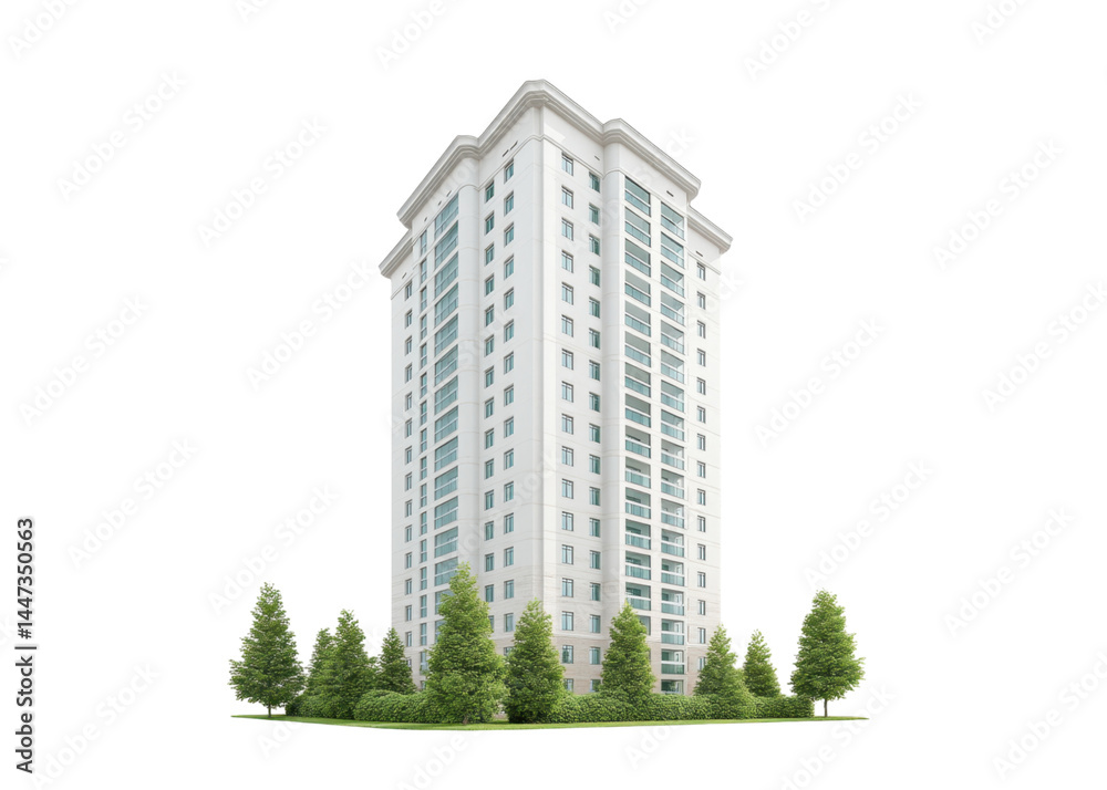 Modern white apartment building with many windows, surrounded by green trees and bushes, isolated on transparent background. Architecture concept.