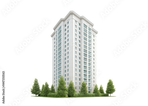 Obraz na płótnie Modern white apartment building with many windows, surrounded by green trees and bushes, isolated on transparent background. Architecture concept. w salonie