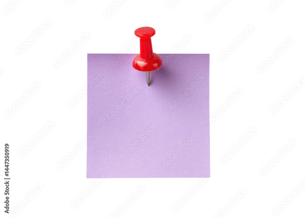 Square lilac note with red push pin isolated on transparent background. Memo, reminder and to do list concept.