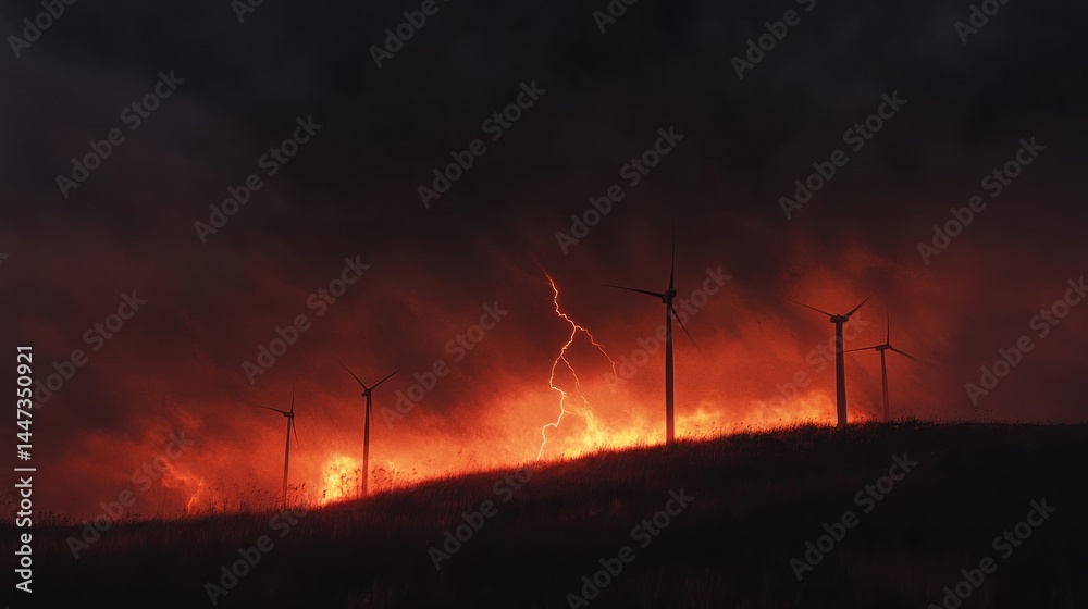 Obraz premium Ominous wind farm with lightning strike