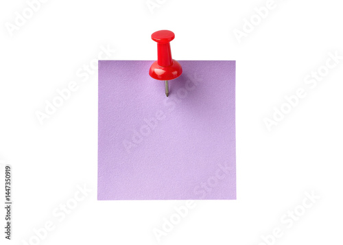 Square lilac note with red push pin isolated on transparent background. Memo, reminder and to do list concept.