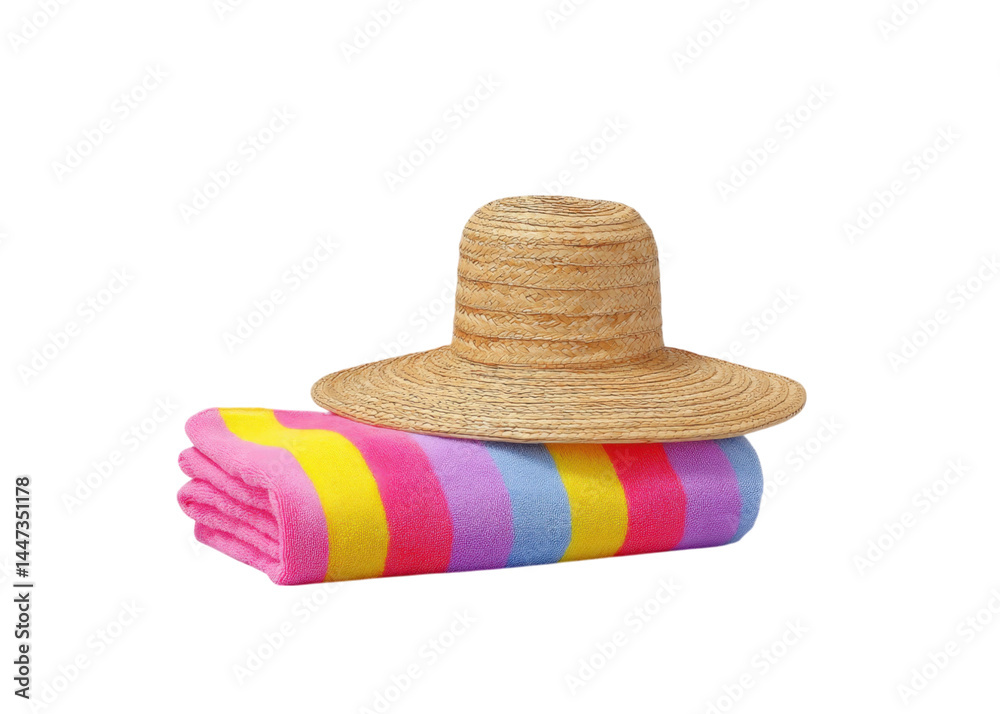 Straw hat on a folded colorful striped beach towel, isolated on transparent background. Summer vacation concept, travel, sun protection.