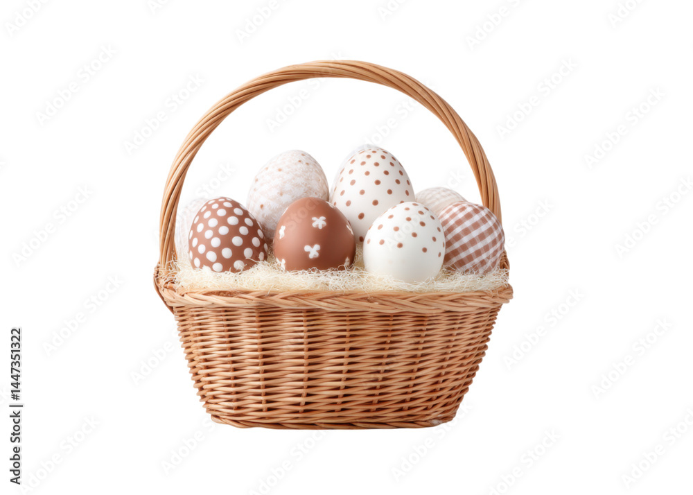 Wicker basket filled with assorted decorated Easter eggs, isolated on transparent background. Concept of Spring holiday, festive tradition, egg hunt.