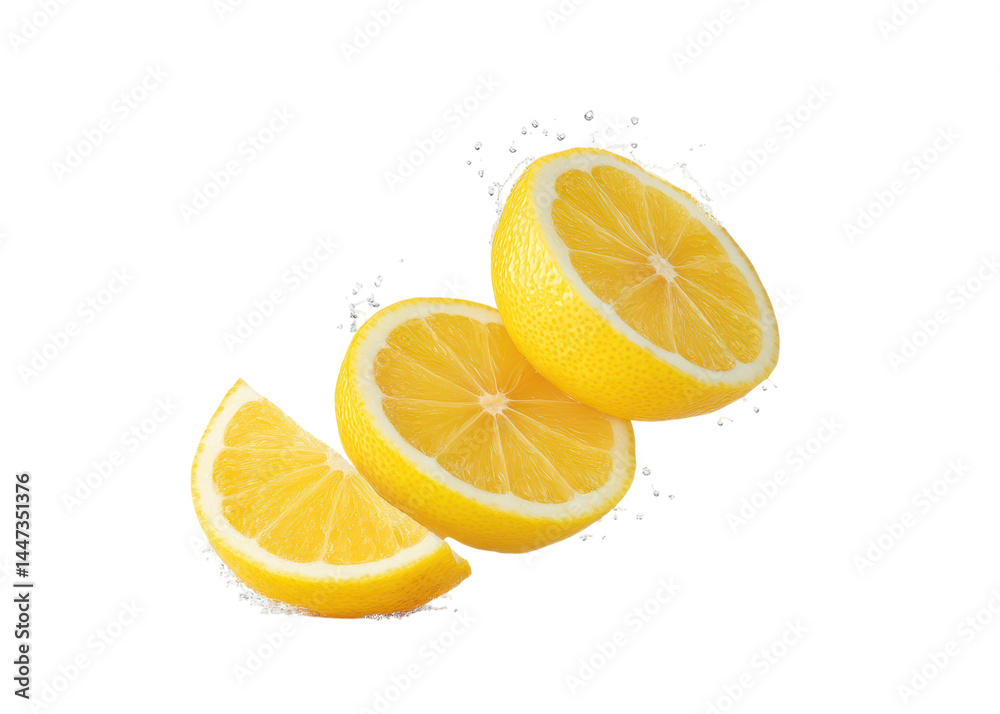 Three lemon slices, one quarter and two halves, isolated on transparent background. Food concept, ingredient concept, and fruit concept.