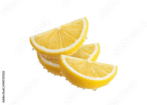 Pile of fresh lemon wedges with water droplets isolated on transparent background. Concept of citrus fruit, refreshment, vitamin C.