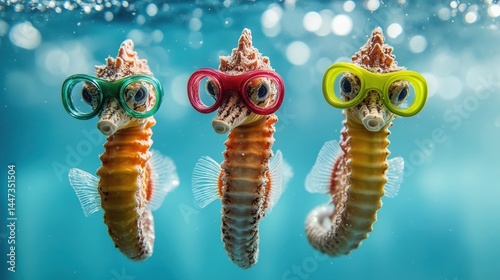 Drei bunte Seepferdchen mit Tauchbrillen – Unterwasserfreunde