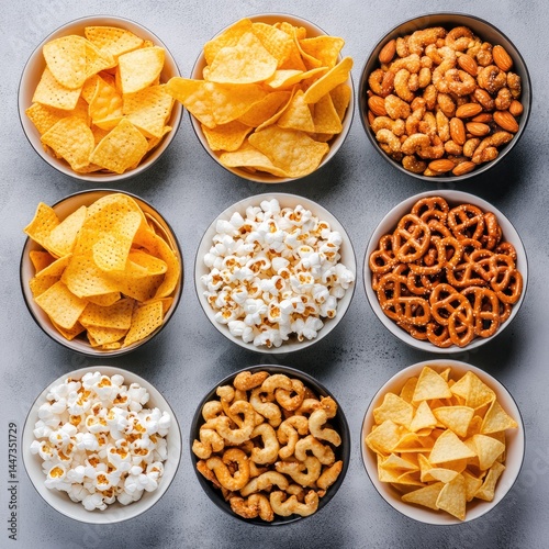 Assorted snack bowls on a light gray surface  Variety of salty snacks in small bowls