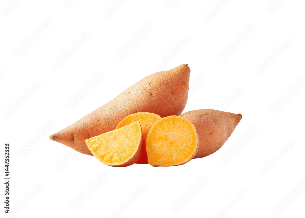 Two whole sweet potatoes and two slices, isolated on transparent background. Superfood, healthy eating, and plant based diet concepts.