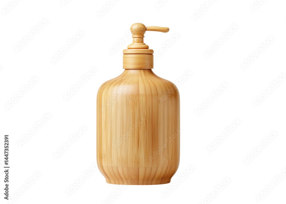 Wooden dispenser bottle with pump for soap, shampoo, or lotion isolated on transparent background. Concept of eco friendly, sustainable, and minimalist.