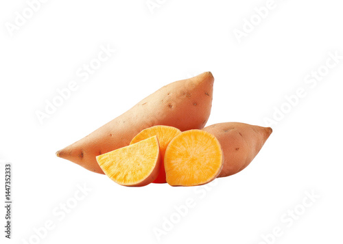 Obraz na płótnie Two whole sweet potatoes and two slices, isolated on transparent background. Superfood, healthy eating, and plant based diet concepts. w salonie