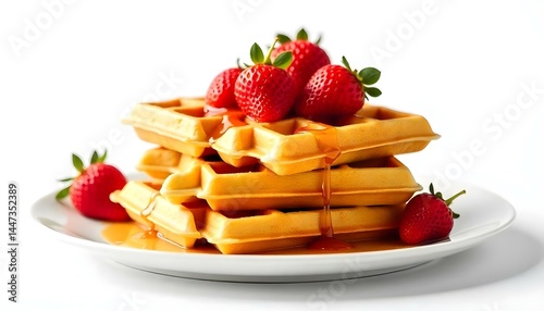 viennese waffles with strawberry and sweet syrup isolated on white background