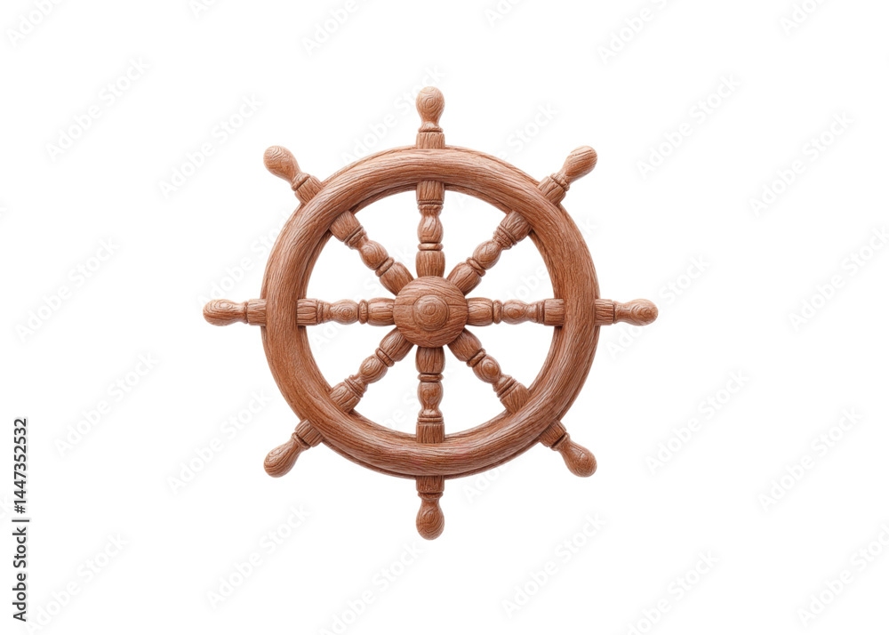 Illustration of a brown wooden ship steering wheel with eight handles, isolated on transparent background. Nautical, maritime, and navigation concepts.