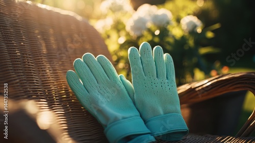 A pair of gardening gloves in mint green, placed on a garden chair with sun rays gently illuminating the fabric photo
