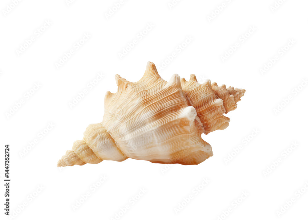 Close up of a textured conch shell with a spiral pattern, isolated on transparent background. Summer, vacation, and nature concepts.