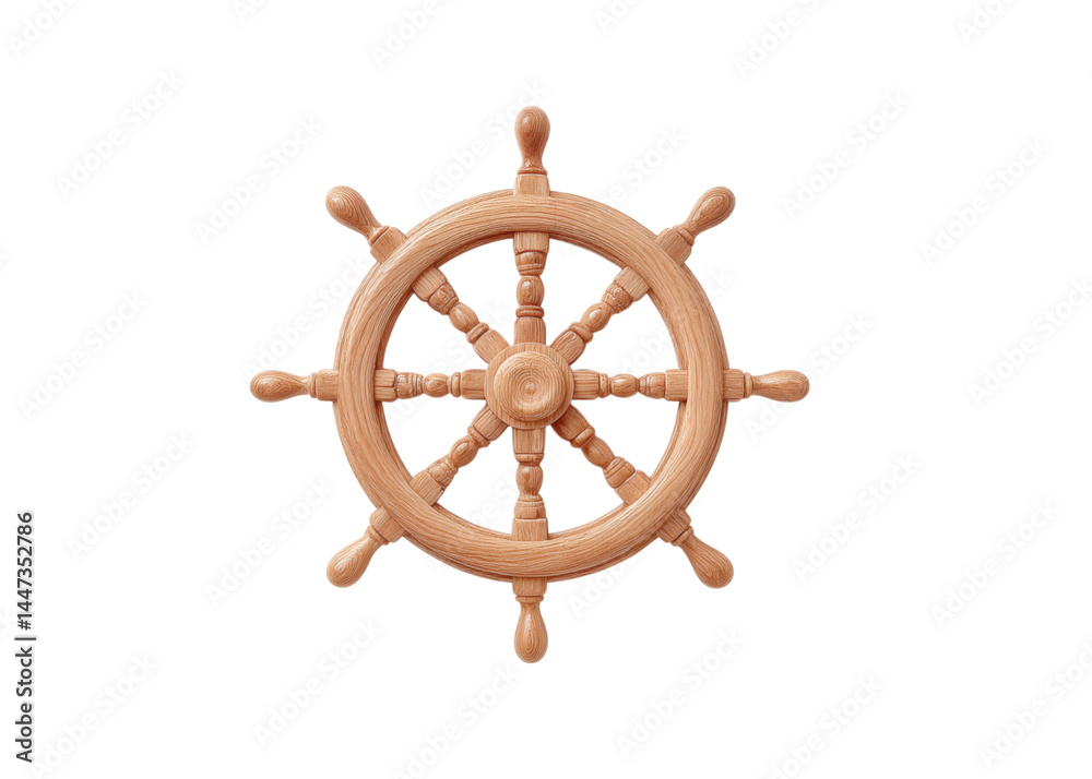 Wooden ship steering wheel with eight handles, isolated on transparent background. Concept of nautical, travel, and adventure.