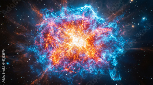 Intense blue and orange nebula, cosmic clouds swirling, creating a vibrant, energetic image symbolizing power, creation, and the vastness of space