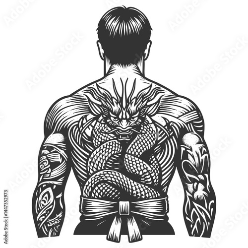Yakuza-style warrior from behind, featuring elaborate Japanese tattoo art across his muscular back and arms sketch engraving generative ai vector illustration. Scratch board. Black and white image.