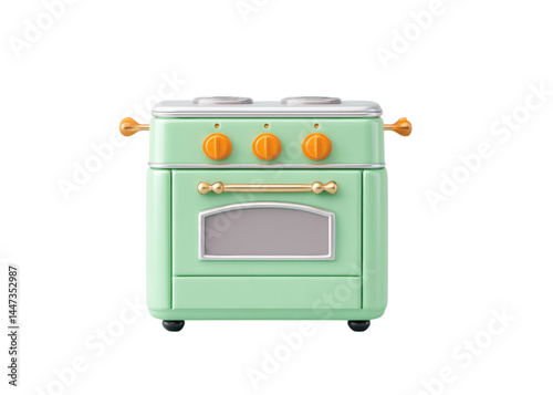 Obraz na płótnie Mint green toy stove with golden knobs, handles, and oven door isolated on transparent background. Cooking, kitchen, and play concepts. w salonie