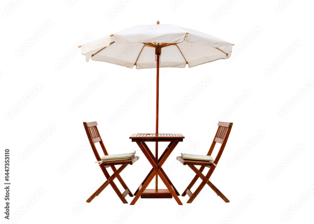Outdoor patio set featuring a table, two chairs, and an umbrella isolated on transparent background. Furniture for relaxing and enjoying the weather.
