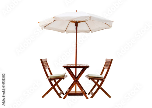 Obraz na płótnie Outdoor patio set featuring a table, two chairs, and an umbrella isolated on transparent background. Furniture for relaxing and enjoying the weather. w salonie