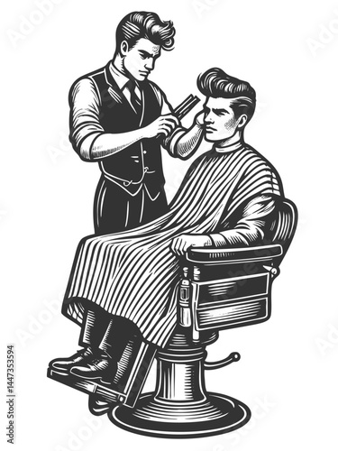 barber carefully trimming man hair using a straight razor in a barbershop chair sketch engraving generative ai fictional character vector illustration. Scratch board imitation. Black and white image.