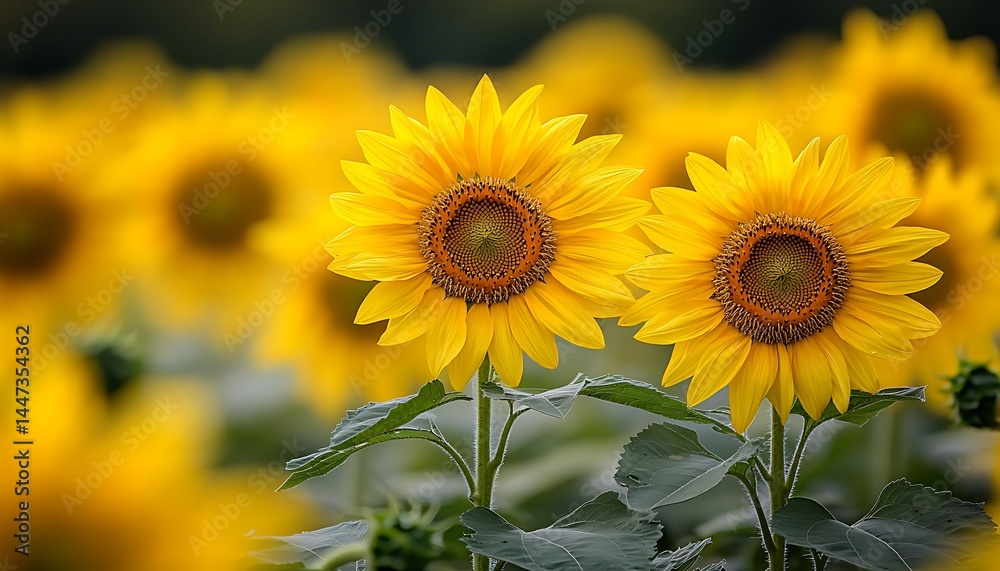 Obraz premium Two sunflowers in focus, others blurred
