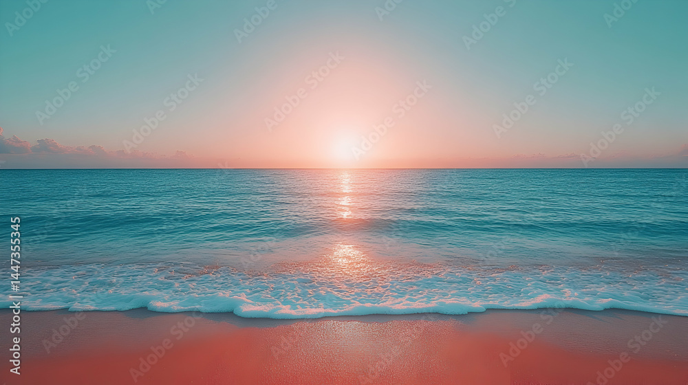 Peaceful sunrise over a tranquil ocean with a vibrant coral beach. Gentle waves lapping at the shore Peaceful sunrise over a tranquil ocean with a vibrant coral beach. Gentle waves lapping at the shore