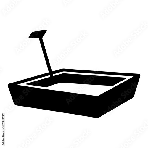 Monochromatic depiction of a cat litter box and scoop for cleaning