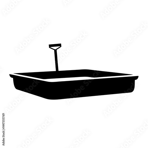 Simple Black and White Illustration of a Cat Litter Box with Scoop