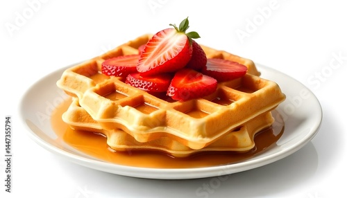 viennese waffles with strawberry and sweet syrup isolated on white background