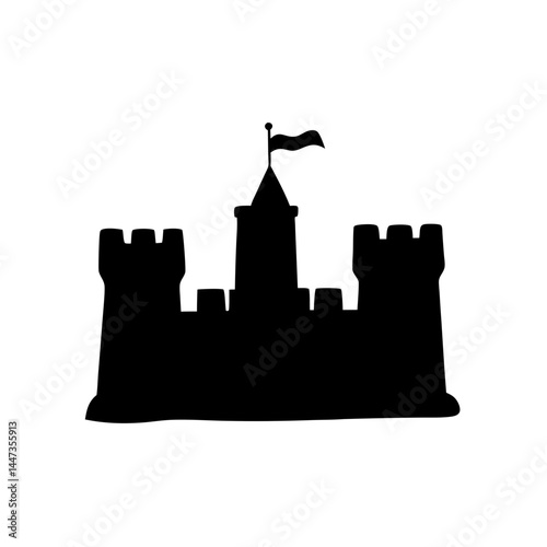 Silhouette of a majestic medieval castle with a waving flag on top