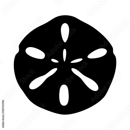Graphic depiction of a black sand dollar on a white background pattern