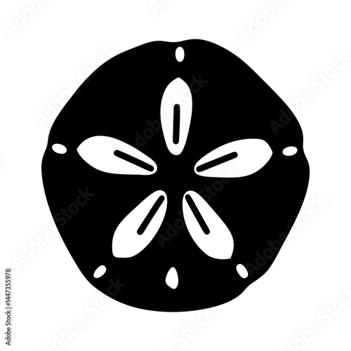 Black and white graphic of a sand dollar showing its characteristic patterns