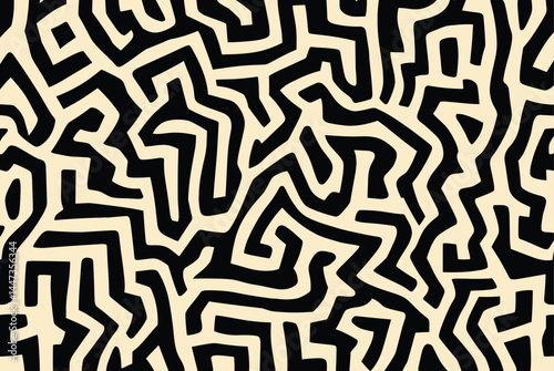 seamless pattern of an abstract maze in beige and black