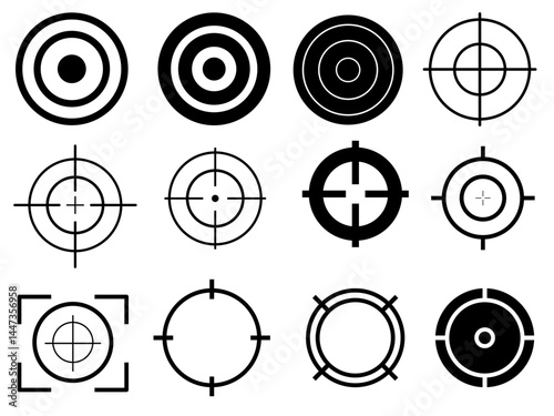 Target and aim icon set, crosshair, bullseye vector, precision, accuracy, and focus icon for aiming, archery, shooting. vector set illustration.