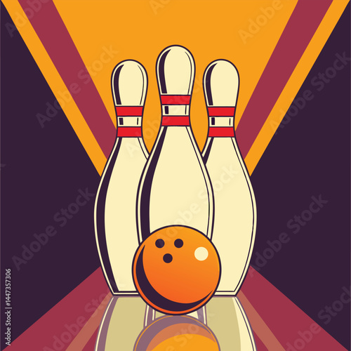 A fun bowling sport illustration shows a cartoon bowling ball about to strike ten pins in a vector game