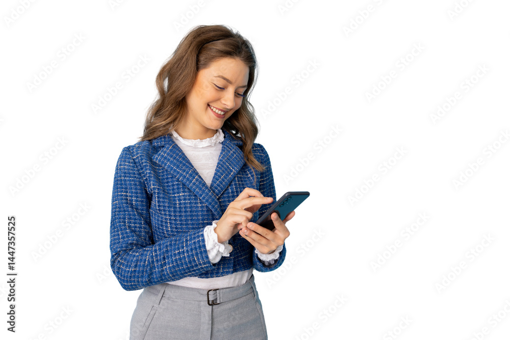 Happy businesswoman using smartphone with transparent background Happy businesswoman using smartphone with transparent background