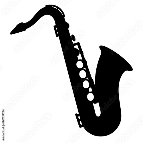 Bold silhouette of a saxophone against a white background evokes jazz