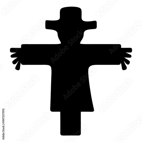 Monochrome silhouette of a scarecrow in a field, ready for harvest