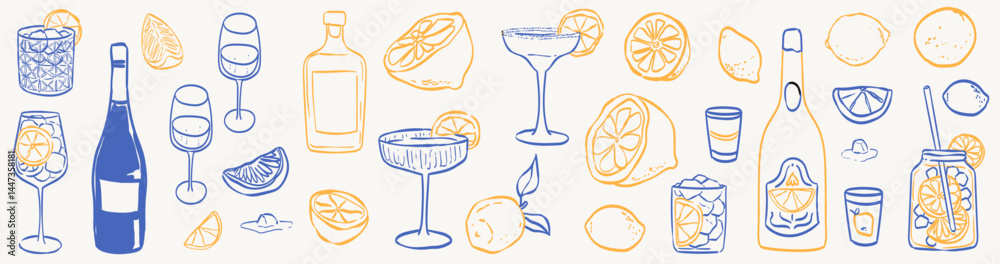 Hand drawn sketch style citrus and wine set. Vector elegant doodle line illustration of lemons, alcohol, limoncello cocktail glass and lemon slice for background, card, invitation or poster, packaging
