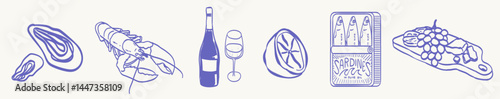 Summer Italy. Amalfi or Sicily dinner menu vector illustrations. Image of Italian Mediterranean seafood and wine, lobster, sardines can, lemon, oyster and wine set drawing for poster, placard or print