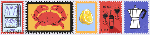 Summer in Italy. Vector illustration of postage stamps with image of wine, coffee, crab, lemon and canned sardines drawing for poster, placard print. Mediterranean vacation collage element