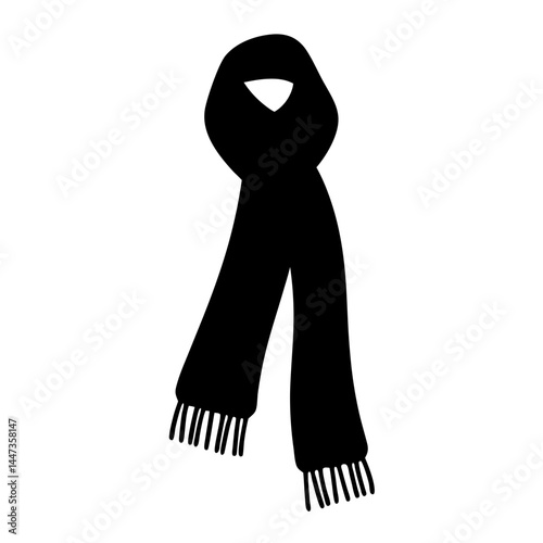 Black silhouette of winter scarf with tassels blowing in the wind