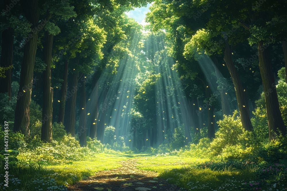 Fototapeta premium Sunlit forest path, butterflies, nature background, fantasy scene, idyllic