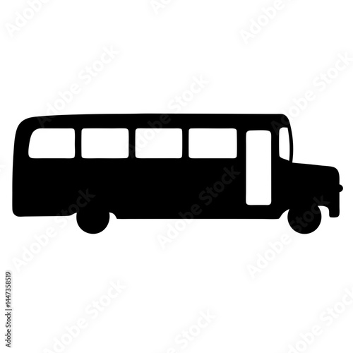 Silhouette of a single black bus with multiple windows on white background
