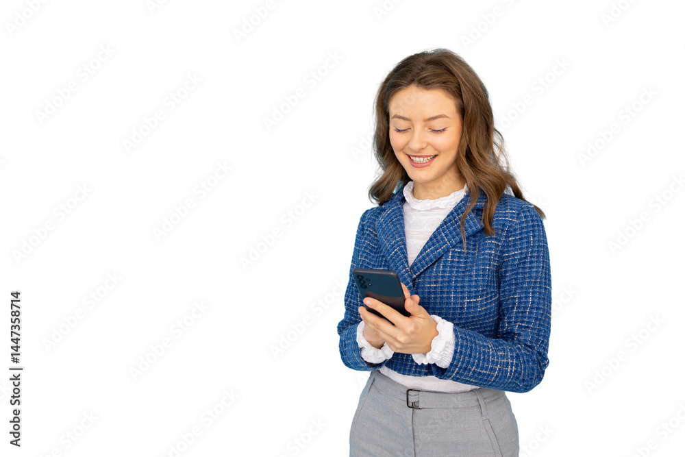 Smiling professional woman working on smartphone, navigating digital network, white background Smiling professional woman working on smartphone, navigating digital network, white background