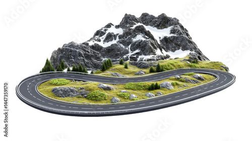 Winding Road Surrounded by Rocky Mountain Landscape with Snow and Lush Greenery