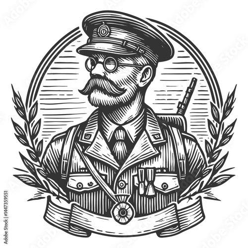 Old war veteran man sketch engraving generative ai vector illustration. Scratch board. Black and white image.