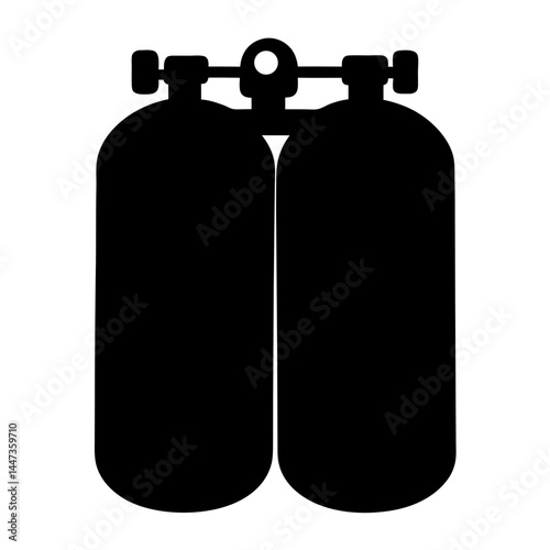 Black silhouette of twin scuba diving tanks with valve assembly